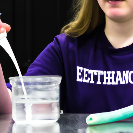 A high school student conducting the Elephant Toothpaste experiment in the chemistry lab.