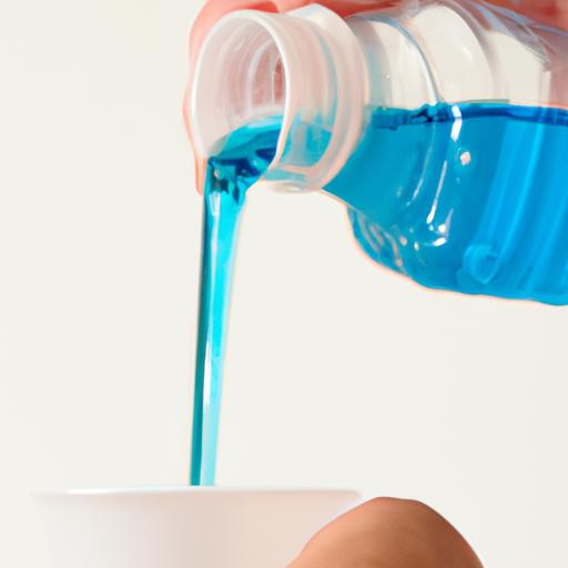 Pouring mouthwash into a cup with a refreshing blue liquid