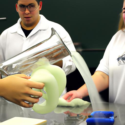 Students conducting the 3 H2O2 elephant toothpaste experiment in a high school lab