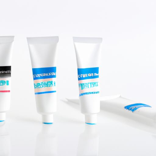 Assortment of whitening toothpaste tubes for denture care