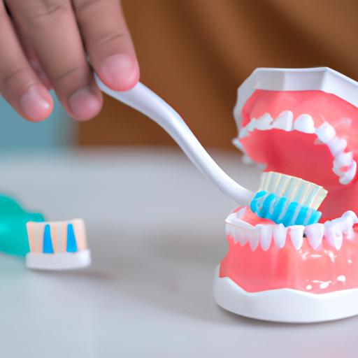 Proper denture cleaning involves brushing to remove debris and stains.