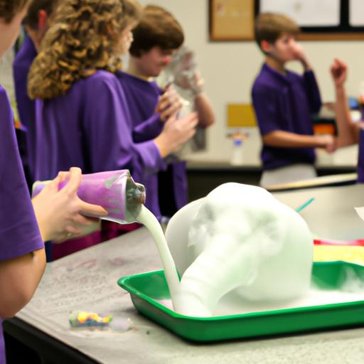Students conducting an Elephant Toothpaste experiment in a science classroom.