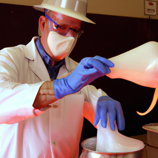 Scientist taking safety precautions during the elephant toothpaste experiment