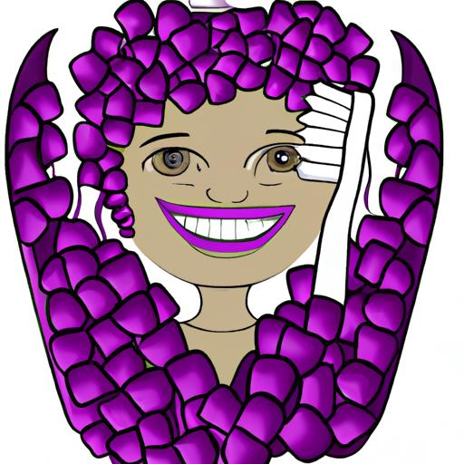 Smiling person with healthy teeth surrounded by purple toothpaste corn.
