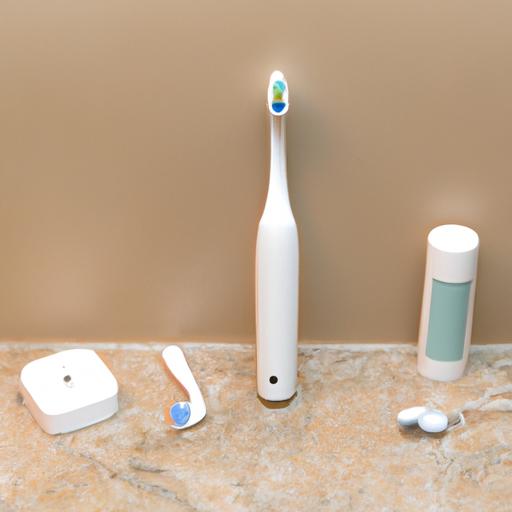 A neatly arranged bathroom countertop showcasing an electric toothbrush and accessories.