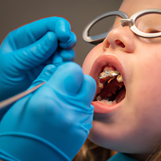 Orthodontist examining child's teeth during evaluation