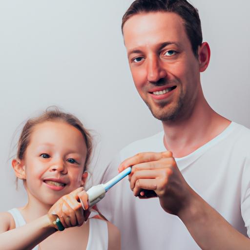 A parent and child brushing their teeth together using an electric toothbrush, promoting proper brushing technique.