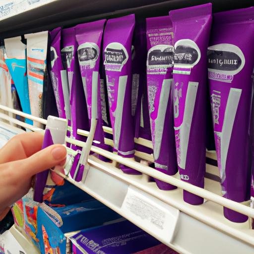 Choosing the right purple toothpaste by reading the labels.