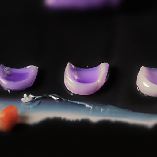 Visual representation of purple toothpaste staining on dental crowns.