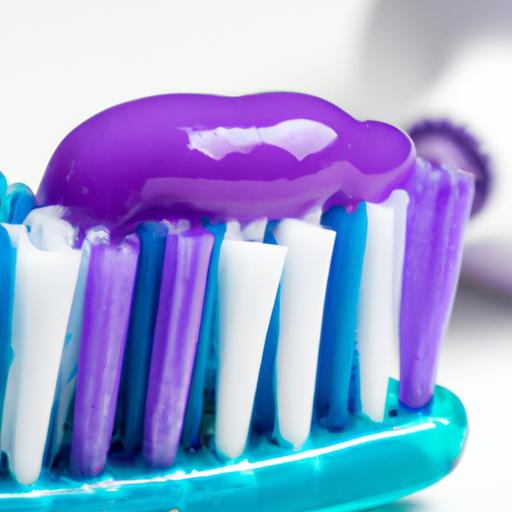 Purple toothpaste tube being squeezed onto a toothbrush
