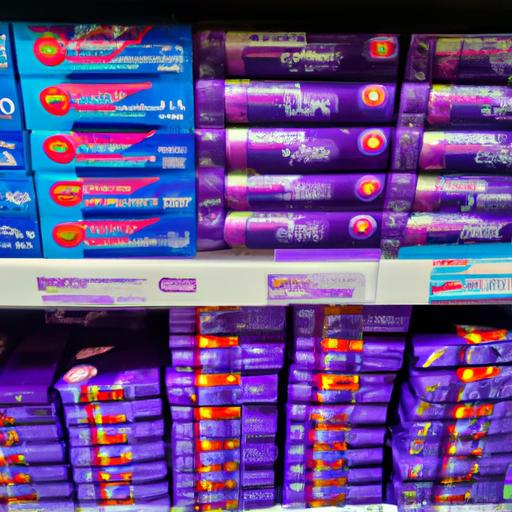 Shelf of purple toothpaste brands in a supermarket
