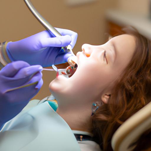 A dental professional carefully removes plaque and tartar from the patient's teeth using specialized instruments.