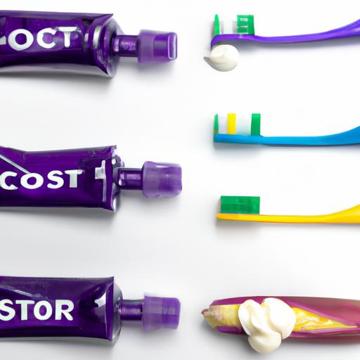 Variety of toothpaste products with purple toothpaste corn extracts.